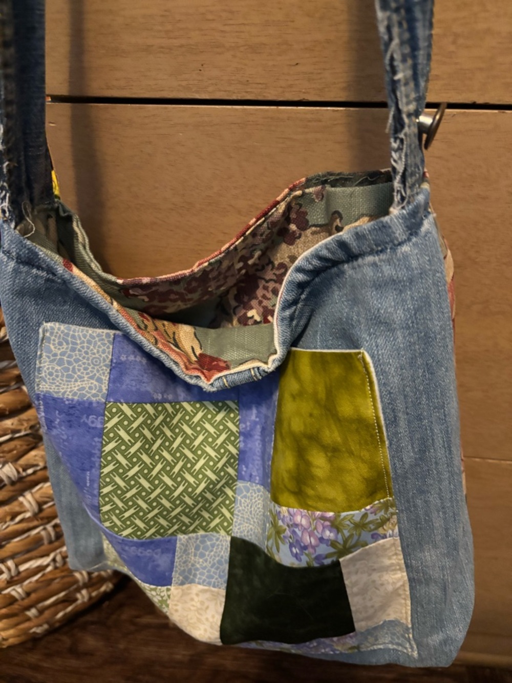 Patchwork Denim Shoulder Bag in Blue and Green